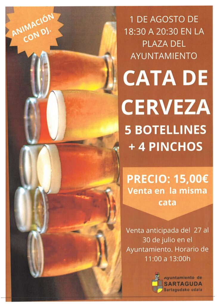 El próximo sábado 1 de agosto tendrá lugar en Sartaguda una cata de cerveza acompañada de animación musical con DJ.