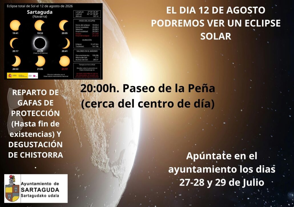 El próximo 12 de agosto podremos disfrutar en Sartaguda de un eclipse solar total. La actividad comenzará a las 20:00 horas en el Paseo de la Peña, junto al centro de día.
