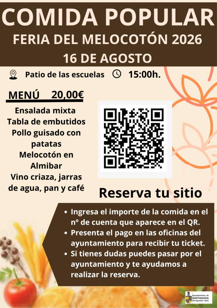 El domingo 16 de agosto, a las 15:00 horas, se celebrará la Comida Popular de la Feria del Melocotón 2026 en el patio de las escuelas.
