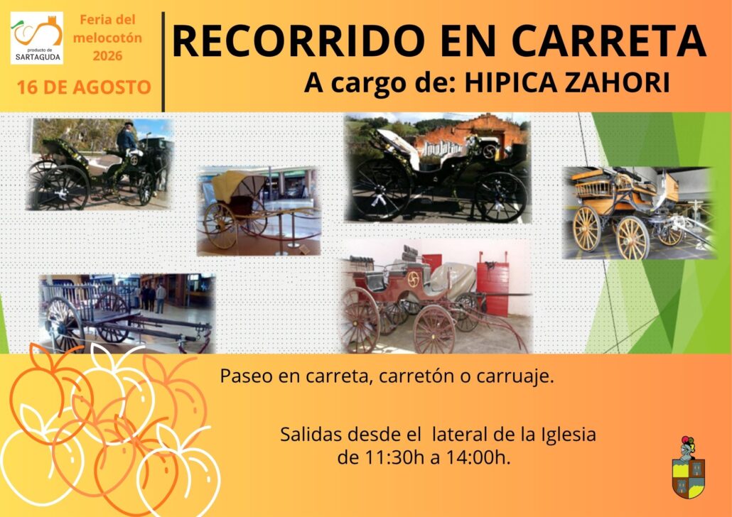 El domingo 16 de agosto, dentro de la programación de la Feria del Melocotón de Sartaguda 2026, se podrá disfrutar de recorridos en carreta.