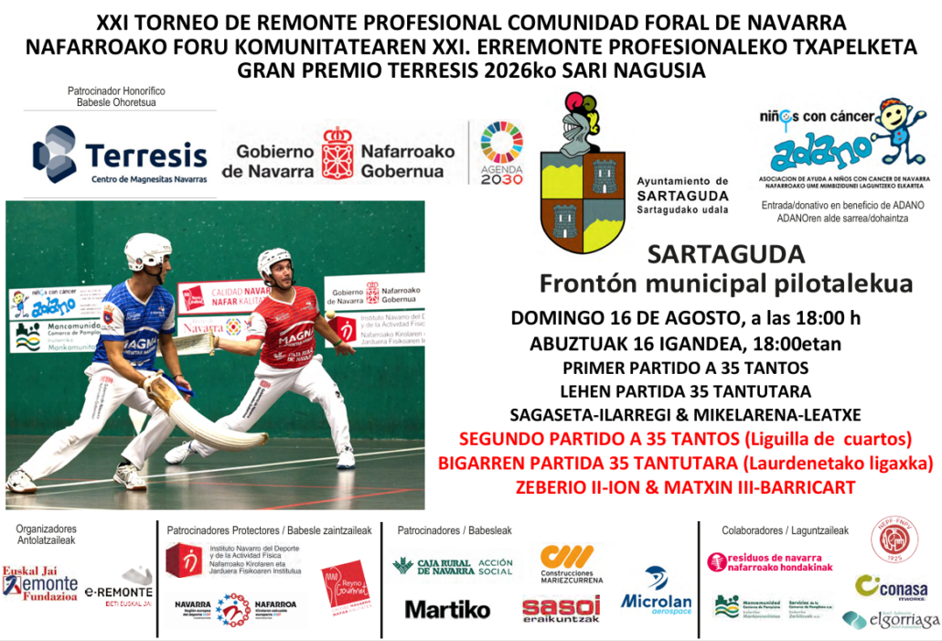 El domingo 16 de agosto, a las 18:00 horas, el frontón municipal de Sartaguda acogerá una jornada del XXI Torneo de Remonte Profesional.