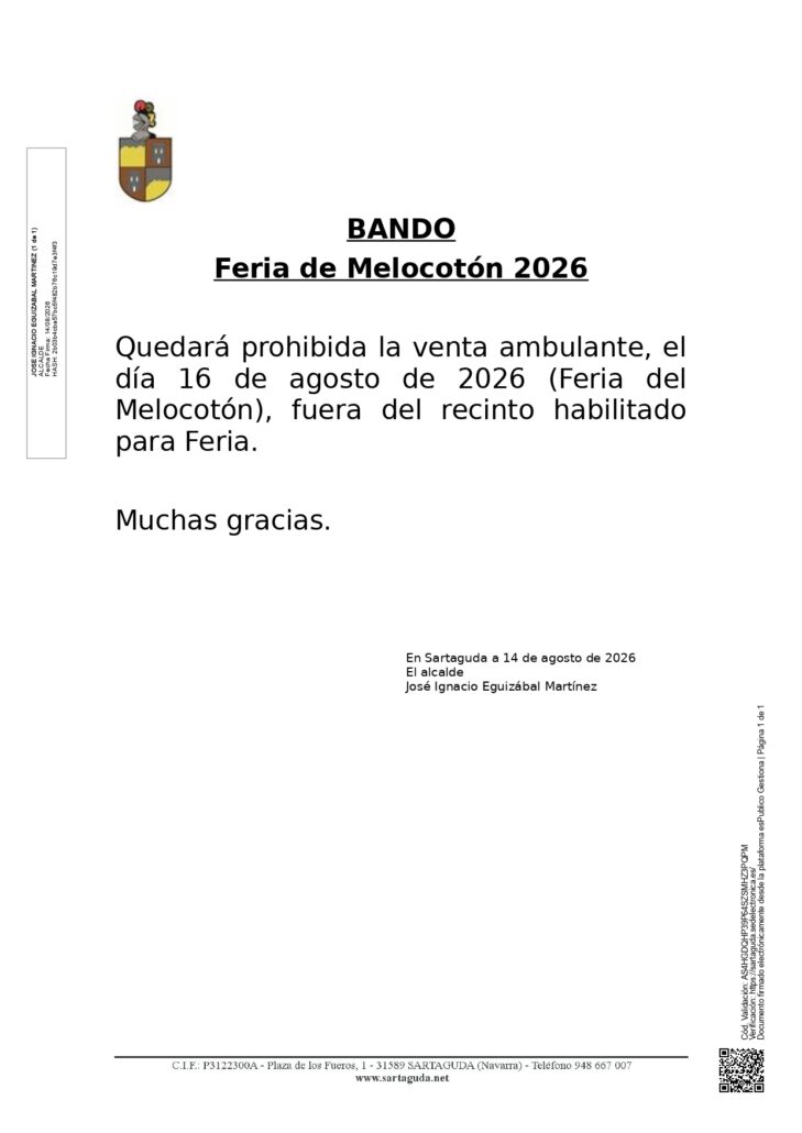 El Ayuntamiento informa de la prohibición de venta ambulante fuera del recinto habilitado durante la Feria del Melocotón 2026 en Sartaguda.