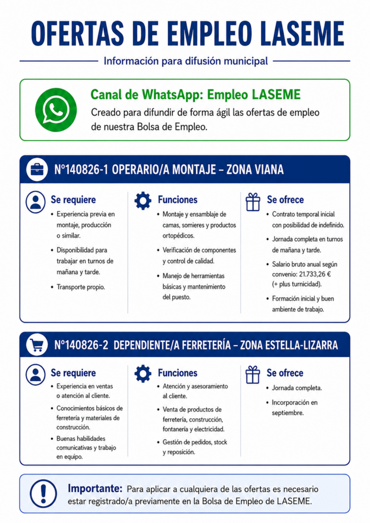 LASEME publica dos ofertas laborales en Viana y Estella-Lizarra. Consulta los requisitos, funciones y condiciones de los puestos.
