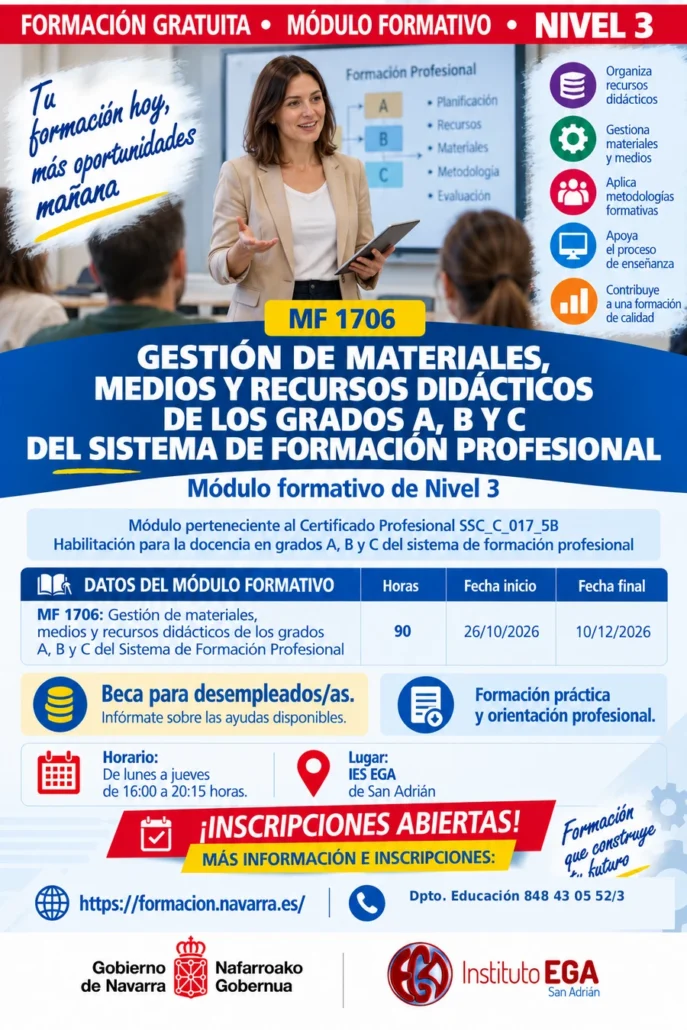 El IES EGA de San Adrián pone en marcha nuevos módulos formativos gratuitos dirigidos a personas interesadas en mejorar su cualificación profesional y ampliar sus oportunidades laborales.