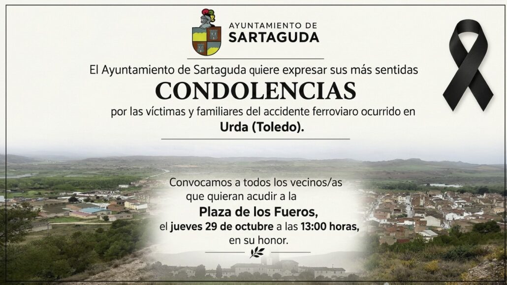 El Ayuntamiento de Sartaguda expresa sus más sinceras condolencias y solidaridad con las víctimas y familiares del accidente ferroviario ocurrido en Urda (Toledo).